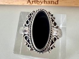 Vintage Silber Ring mit Onyx Cabochon in Schiffchenform G59