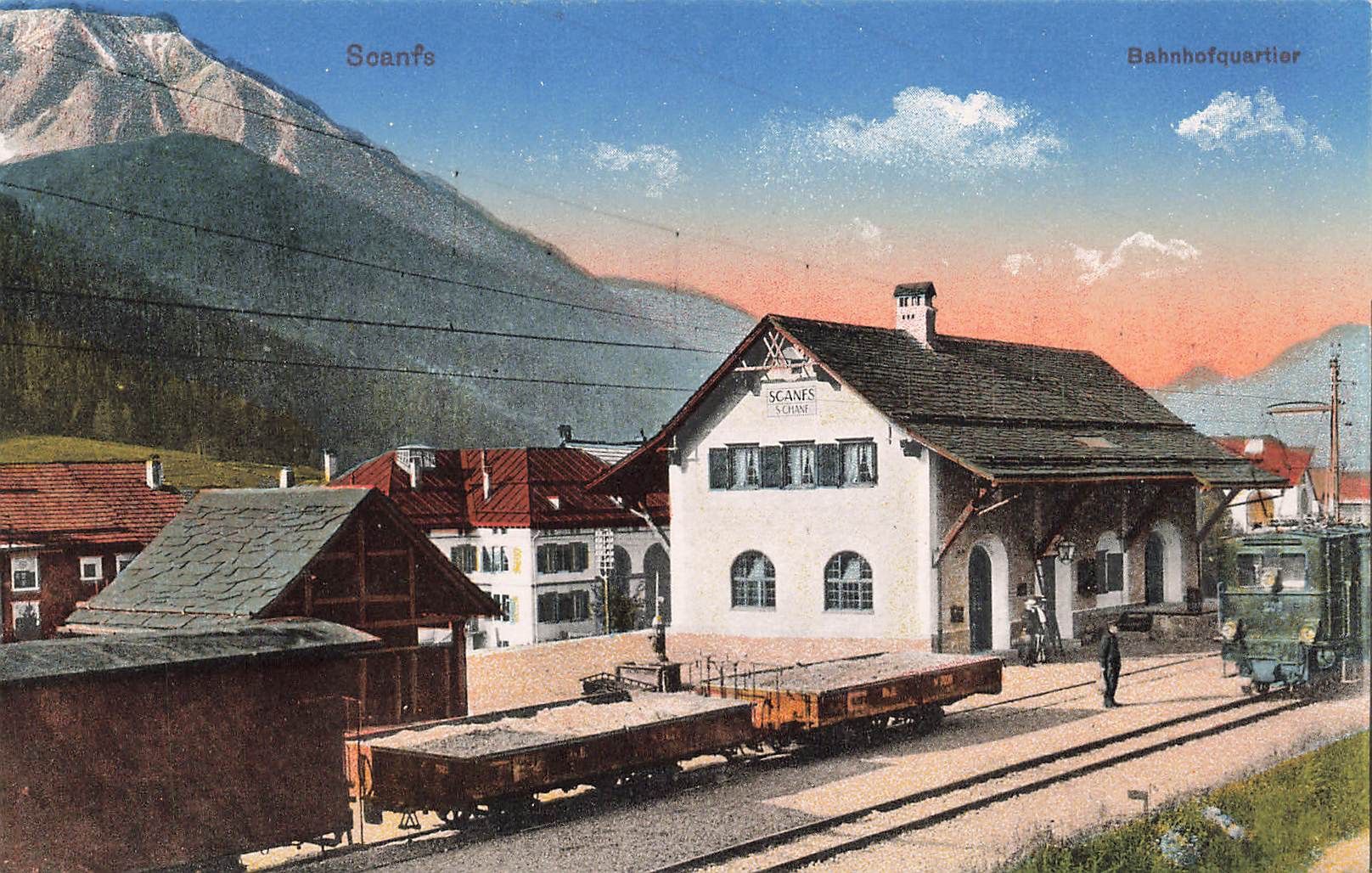 Cartoline postali: S-chanf GR Bahnhof squartier Eisenbahn belebt – Usato da Biasca venduto da Blenio71