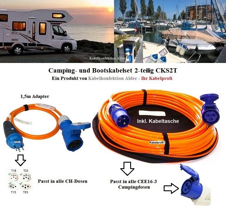 Kabel: 20m Campingkabel Caravan+Bootkabel Set 2-teilig mit T13 IP55 – Neu und originalverpackt aus Herisau von Kabelprofi1