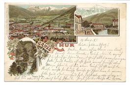 Gruss aus Chur GR Passugg-Quellen - Plessurquai - Litho 1897