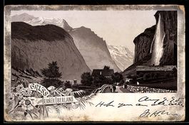Vorläufer-Lithographie Interlaken, 1895, Ansicht der Bergabs