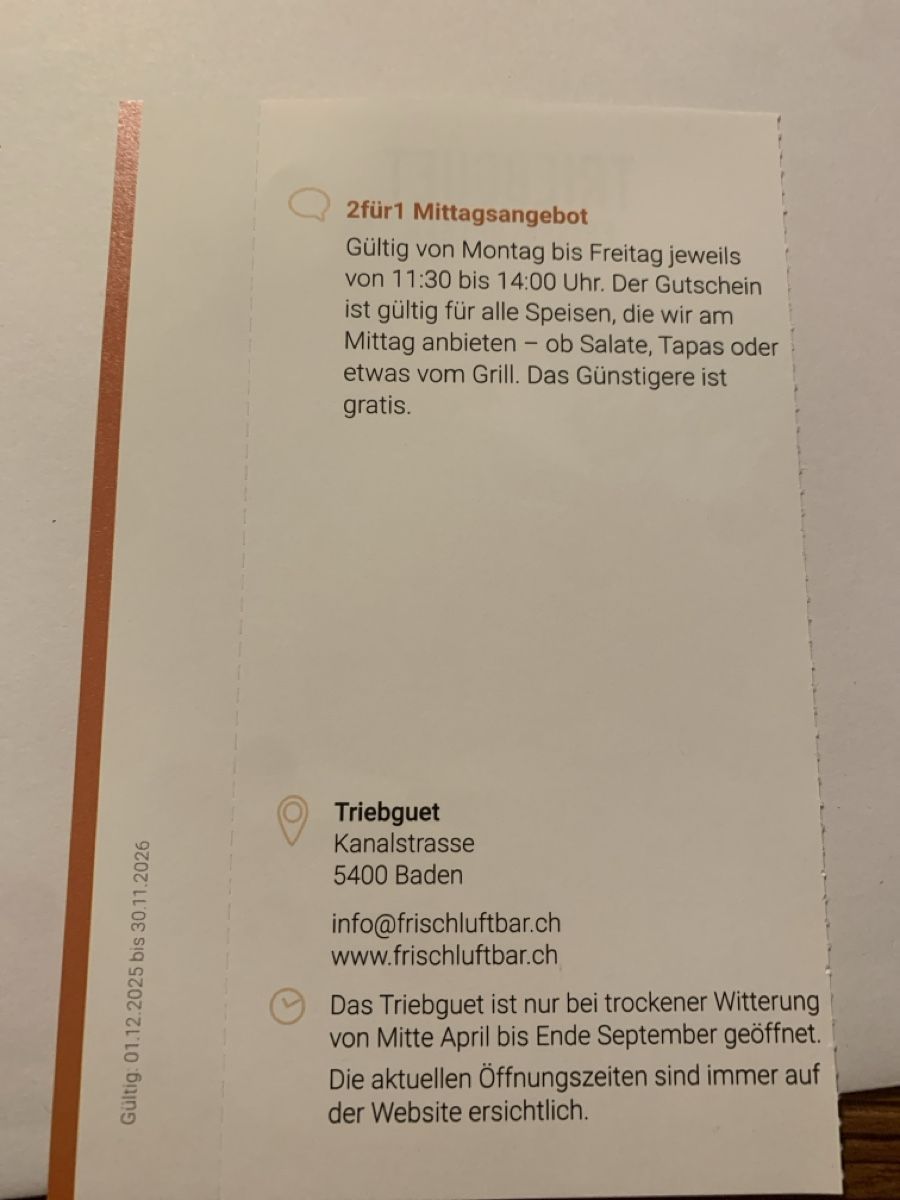 Buoni: 2für1 Mittagsangebot Triebguet, Baden – Nuovo (secondo la descrizione) da Attelwil venduto da TaraLee 1