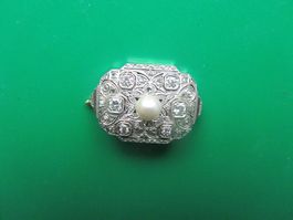 Feine Art Deco Brillant-Perlen Broche um 1920-Weissgold 14 K