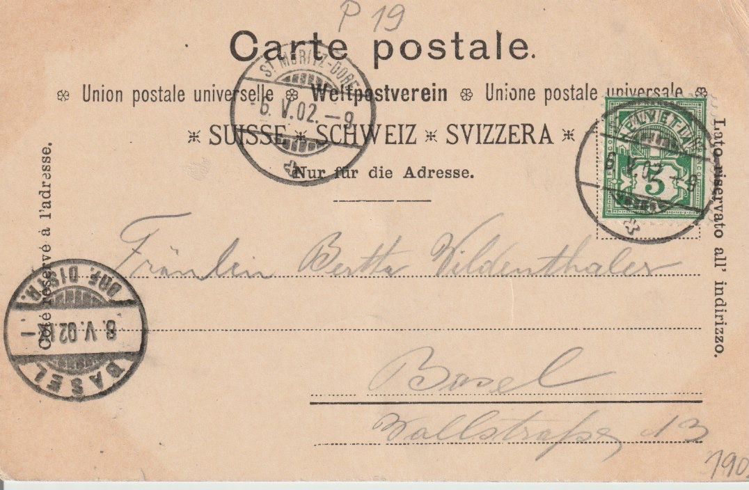 Cartoline postali: P 19 Gruss aus St. Moritz, 1902 – Usato da Freienbach venduto da Bhaltis 1