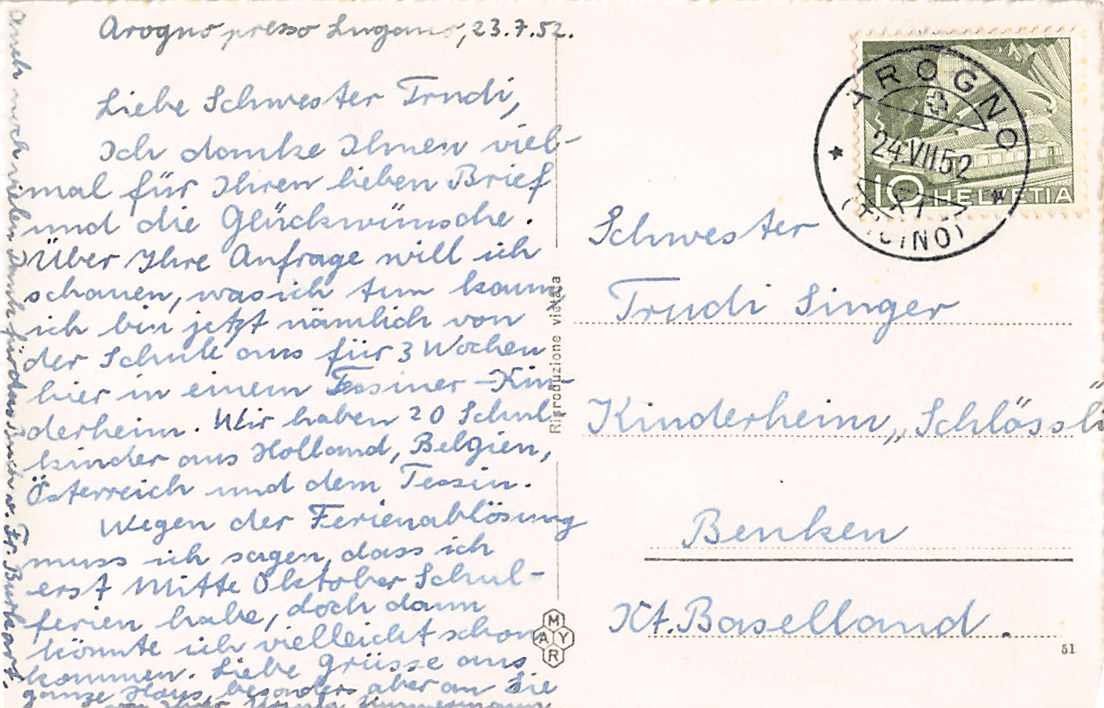 Cartes postales: alte ANSICHTSKARTE Saluti di AROGNO TI 1952 – D'occasion à Lufingen par philatelieshop 1