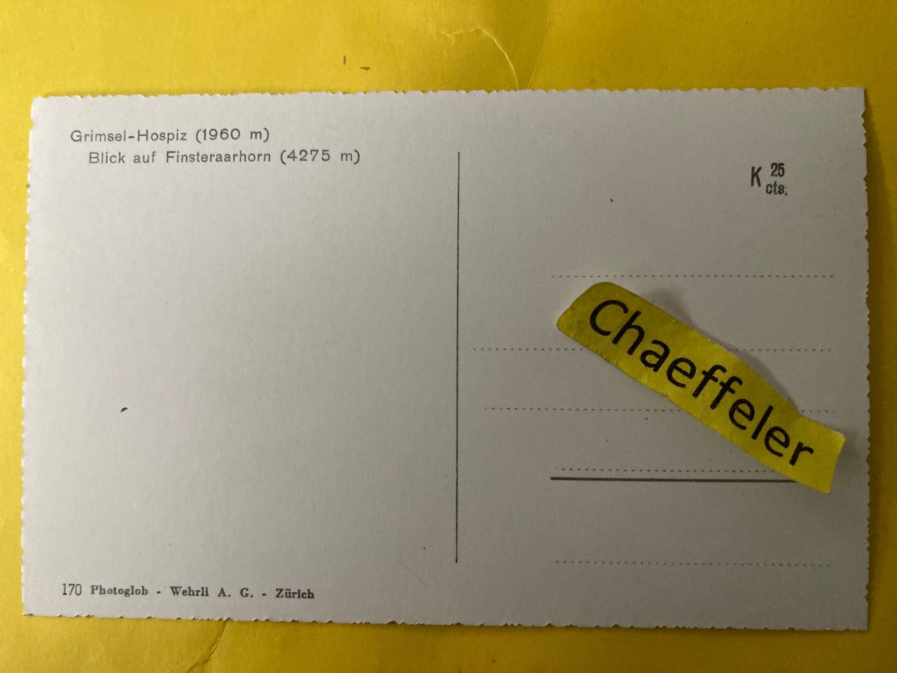 Cartoline postali: Grimsel-Hospiz. Blick auf Finsteraarhorn – Usato da Zürich venduto da Chaeffeler 1