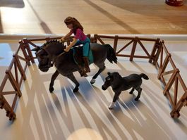 Schleich Ross mit Reiterin, Fohlen und Gatter