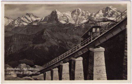 Cartoline postali: Niesen Standseilbahn mit Schreckörner, Eiger, Möch, Jungfrau – Usato da Binningen venduto da Mountainrider