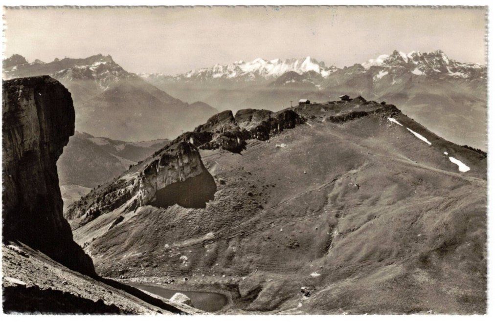 Cartoline postali: Leysin - Berneuse mit Restaurant, Gondelbahn + Mont Blanc – Usato da Binningen venduto da Mountainrider