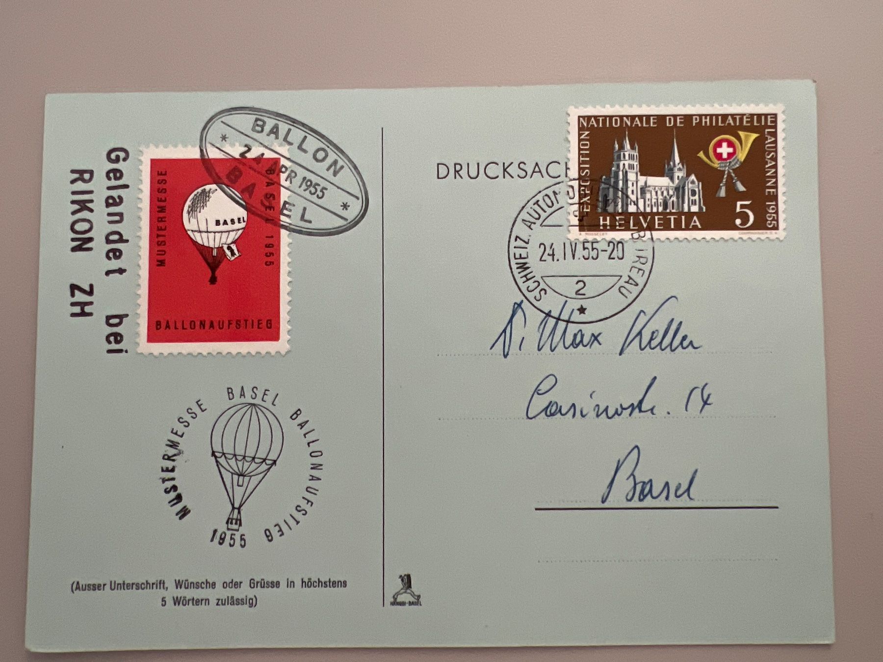 Tutti i francobolli: Ballonpost mit Vignette Mustermesse Basel 1955 – Usato da Buchrain venduto da wmm