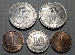 Malaysia, 1, 10 20 Sen 1967-2010, 5er Lot