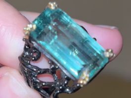 💲Stunning 25ct Fluorite Black SS925 14K Gold Vermeil Ring💲