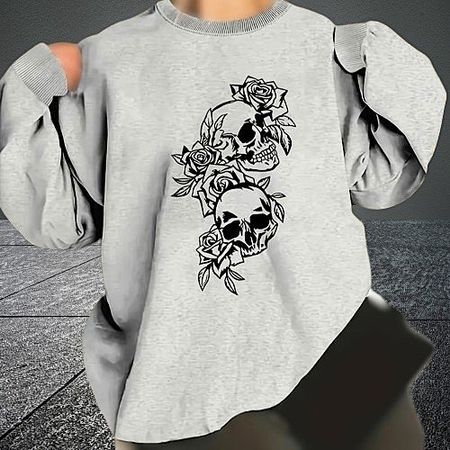 ☠️ Lässiges Langarm-Pullover-Sweatshirt Totenkopf-Print ☠️🔥