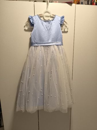 Mädchen Festkleid satin weiss-blau tüll mit Perlen  Gr. 140