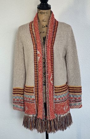 Desigual Strickjacke Gr. L, beige/bunt, Fransen, Gebraucht