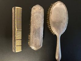 antike versilberte Haarbürste, Kamm, Kleiderbürste