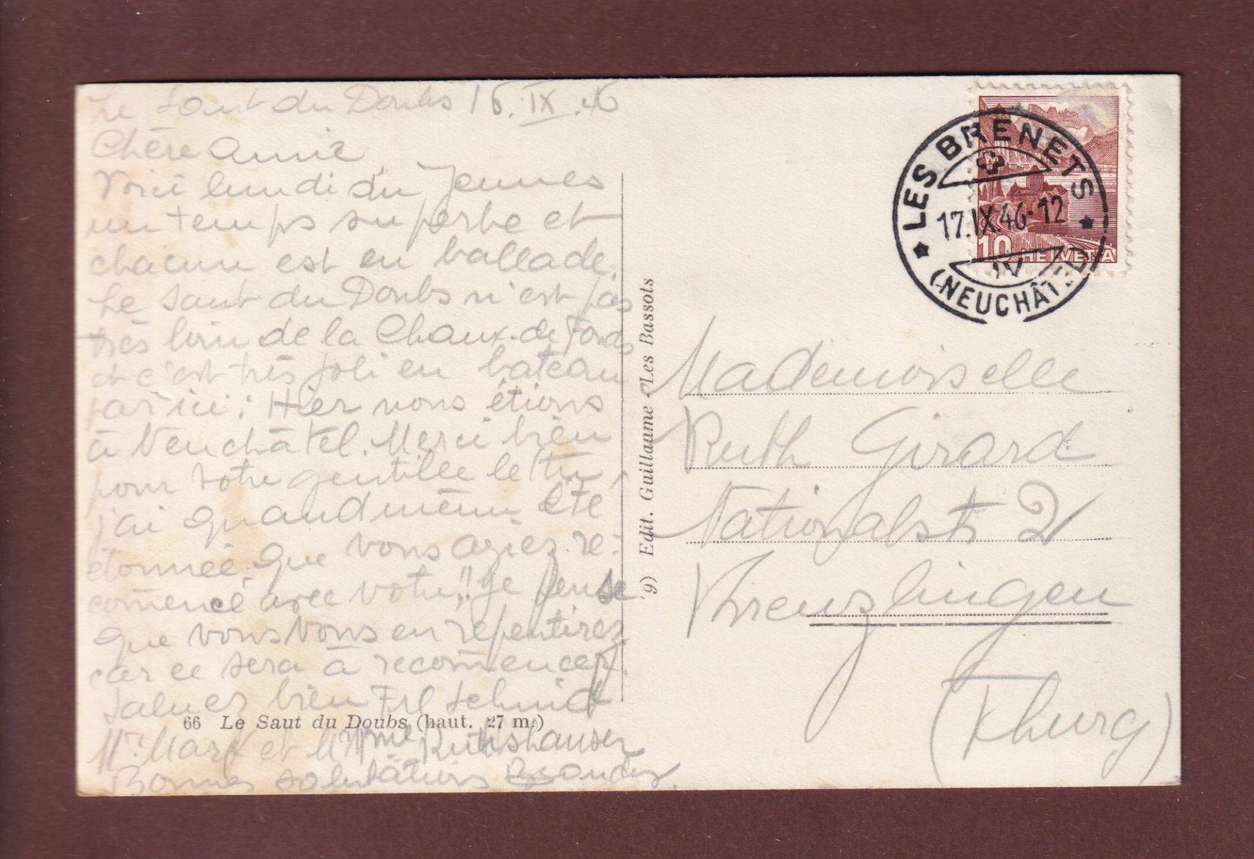 Cartoline postali: Les Brenets - SAUT DU DOUBS - 1946 LL – Usato da Pully venduto da nicecards 1