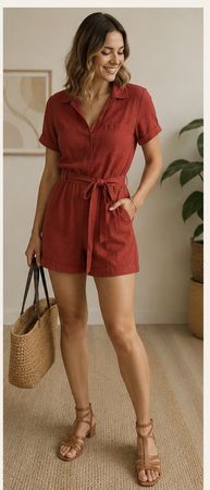 Damen Jumpsuit Gr. 38 Rostrot/Terracotta | Kurzarm 