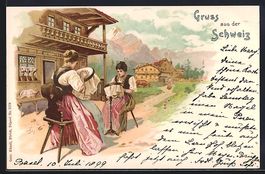 Litho Damen in Tracht aus der Schweiz be