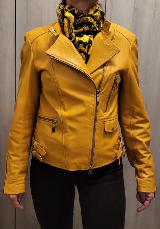 Veste en cuir jaune moutarde Madeleine, taille 34.