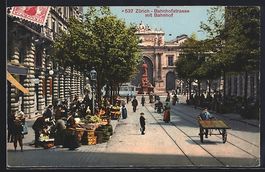 AK Zürich, Bahnhofstrasse mit Bahnhof