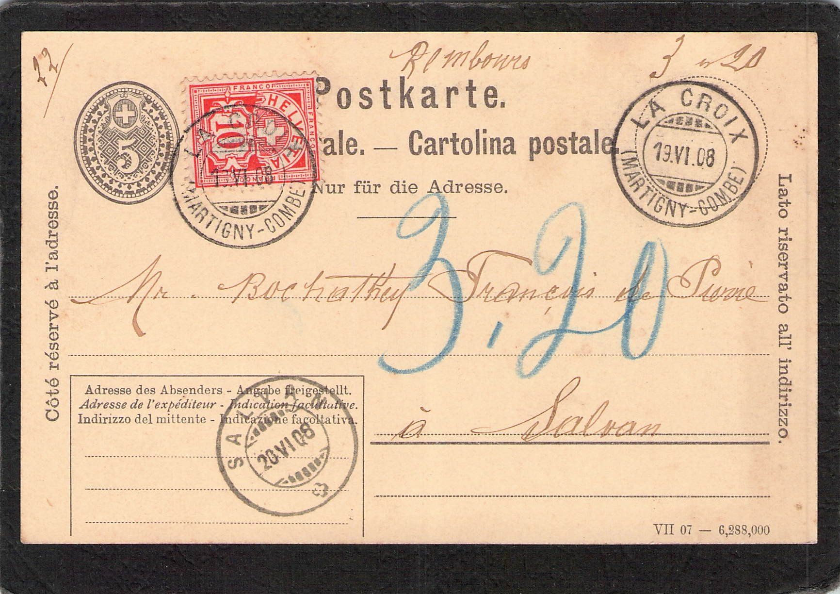 Tutti i francobolli: Suchard PK 034 Such 38 , gel. 19.Vl.1908 – Usato da Reichenburg venduto da Pipo-67 1