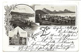Gruss aus Zug - Stadt - Zeitturm - Quai - uralte Litho  1899