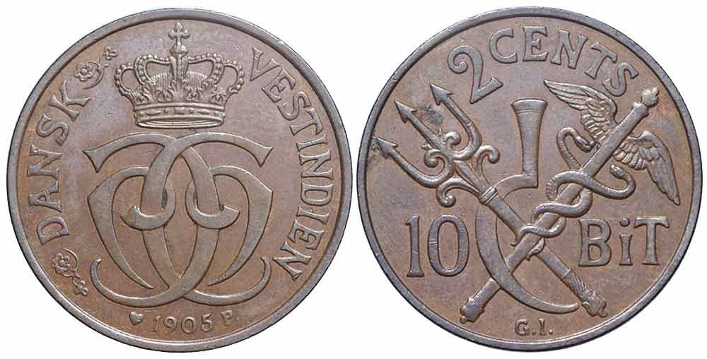 Tutti le monete: Dänisch-Westindien, 2 Cent / 10 Bit 1905 – Usato da Chiasso venduto da Novamarketing