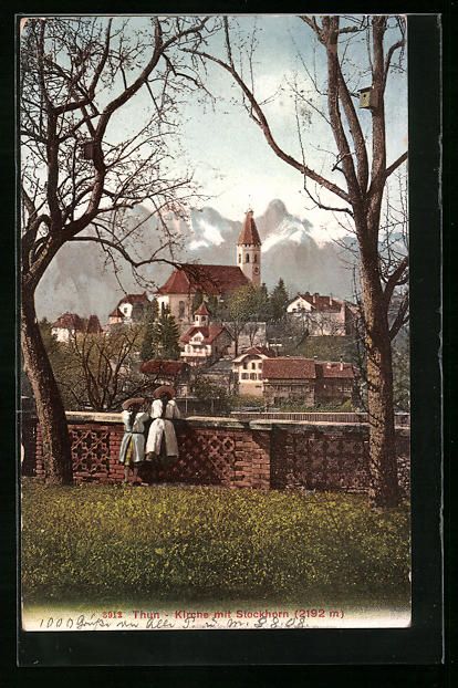Cartoline postali: AK Thun, Kirche mit Stockhorn, 1908 – Usato da Berlin venduto da bartko-reher