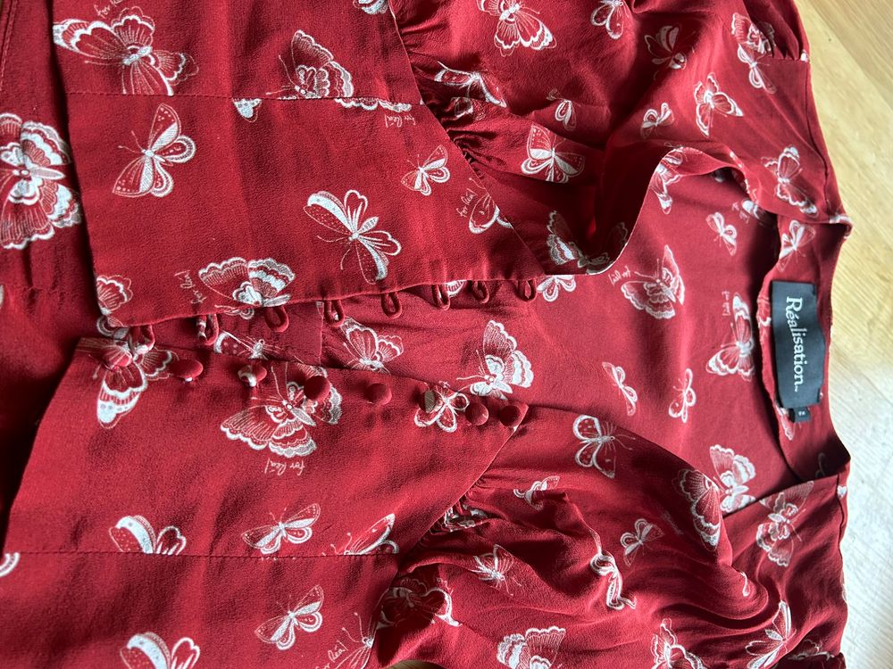 Red Butterfly Blouse, Button-Up, Size S 3