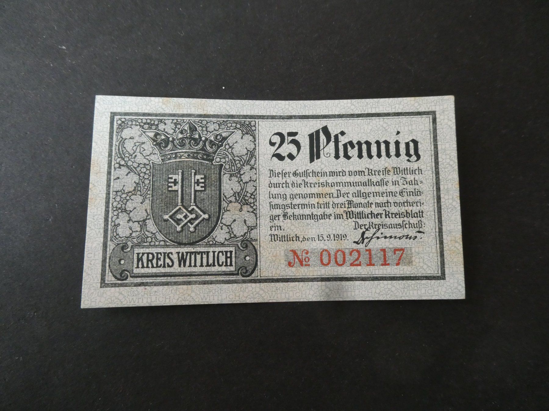 Billets de banque: Dt. Reich, Wittlich  - Notgeldschein – D'occasion à Hinterforst par Rohusri