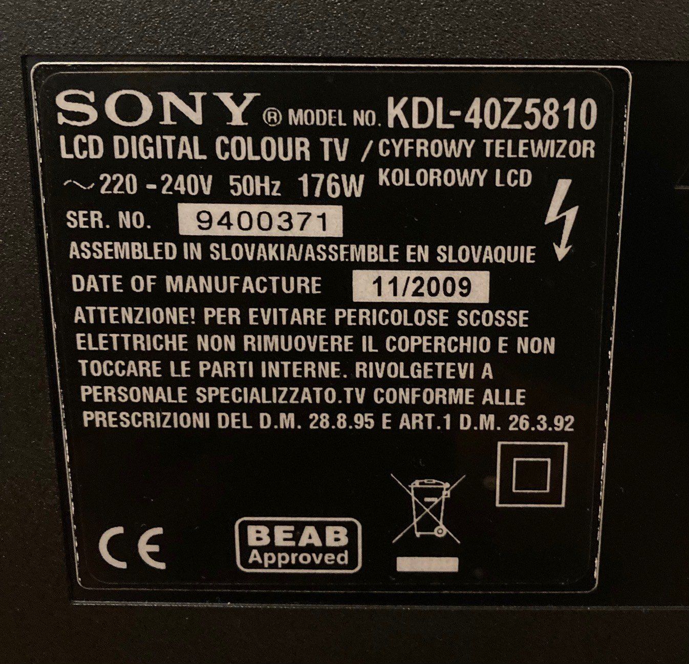 Sony Televisori: TV Sony Bravia KDL-40Z5810 – Usato da Orselina venduto da Vrenegonde 6