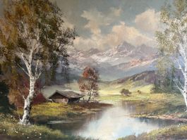 Oelgemälde Frebe Alpenvorland mit Goldrahmen antik