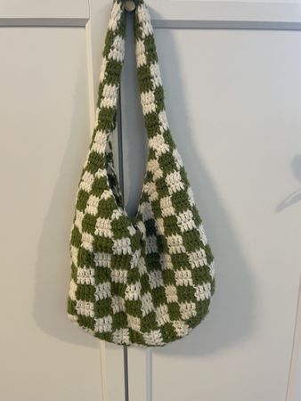 Handmade Crochet Bag in Olive Green & Cream Check Pattern