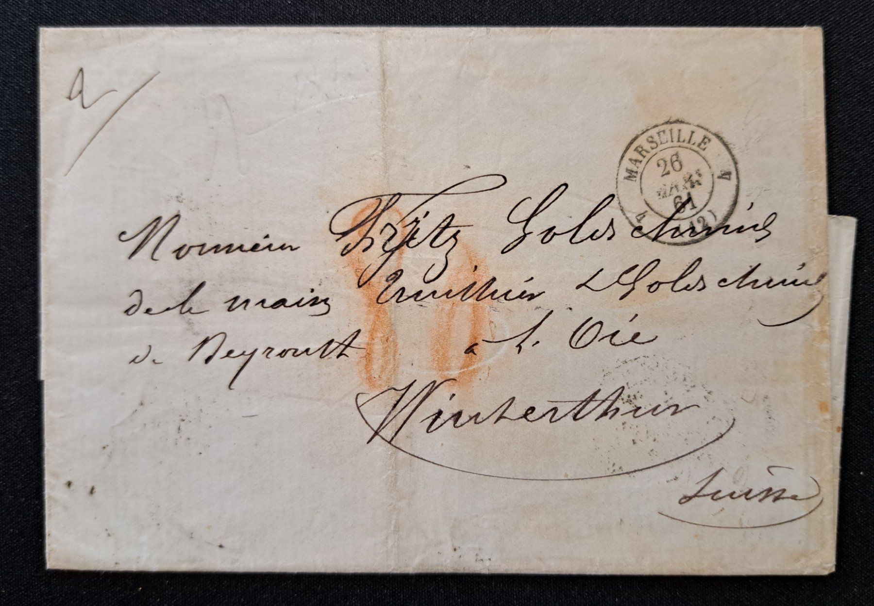 Tutti i francobolli: BOM Marseille - Winterthur 2x Bahnpost! 1861 – Usato da Unterägeri venduto da PhilatelieStudiger