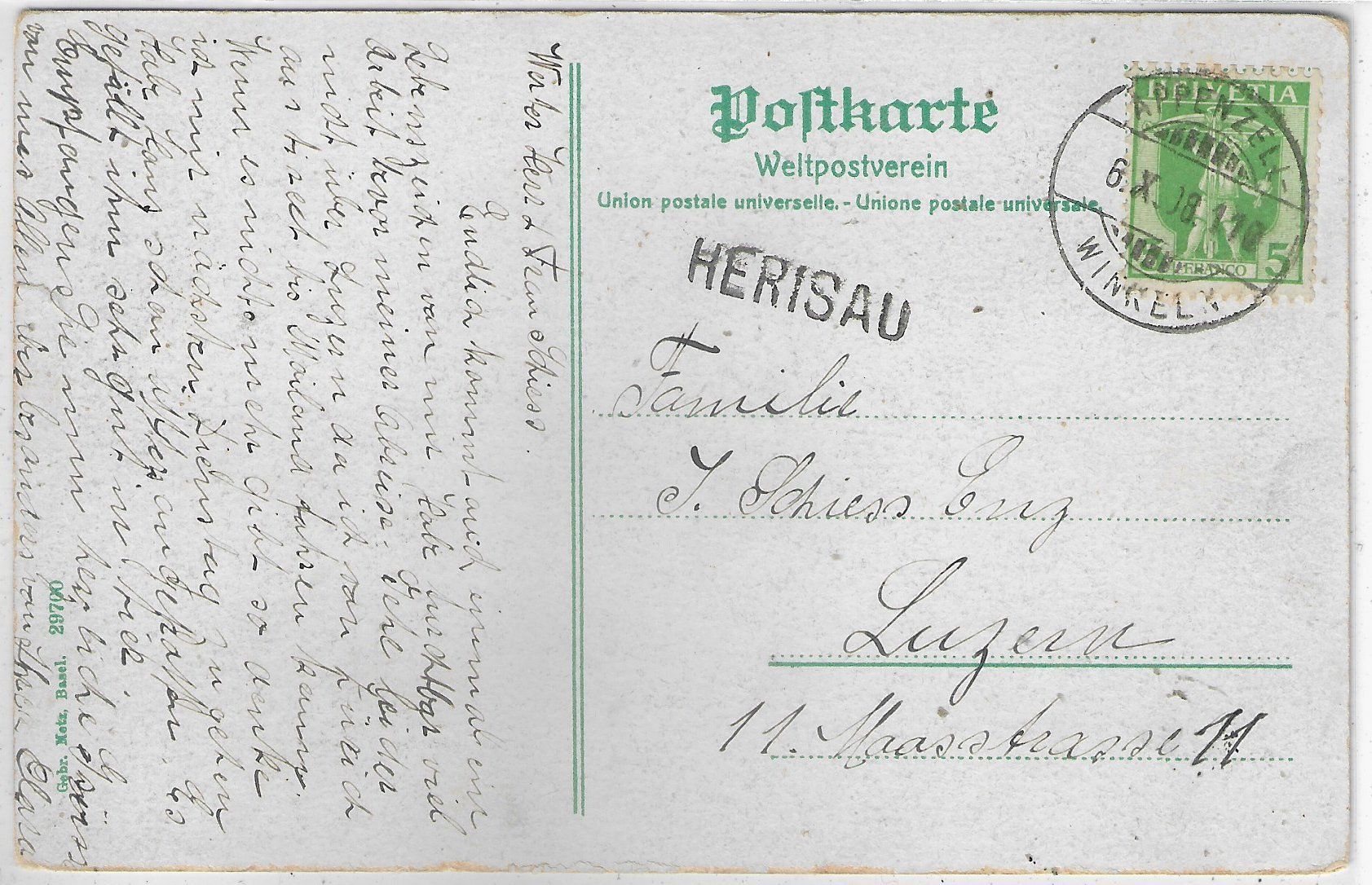 Ansichtskarten: Herisau - Generalansicht -coloriert - Stabstempel – Gebraucht aus Ettingen von Kartenplanet 1