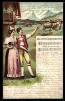 Appenzeller Paar vor Wohnhaus und Kuhher