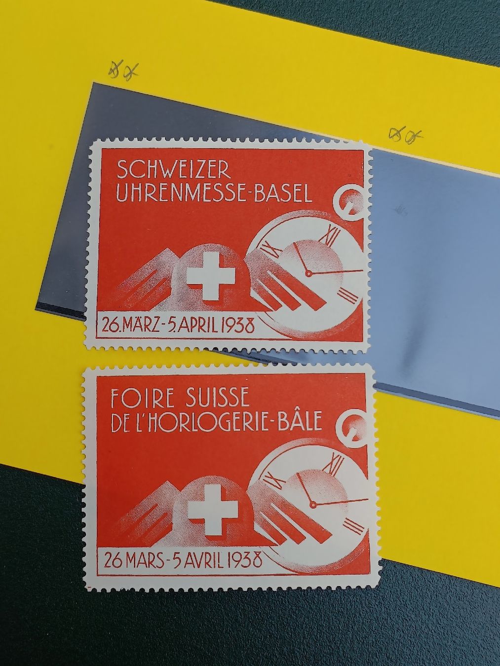Tutti i francobolli: Zwei Litho Werbe Vignetten Schweizer Uhren Messe Basel 1938 – Usato da Brugg AG venduto da Ente015