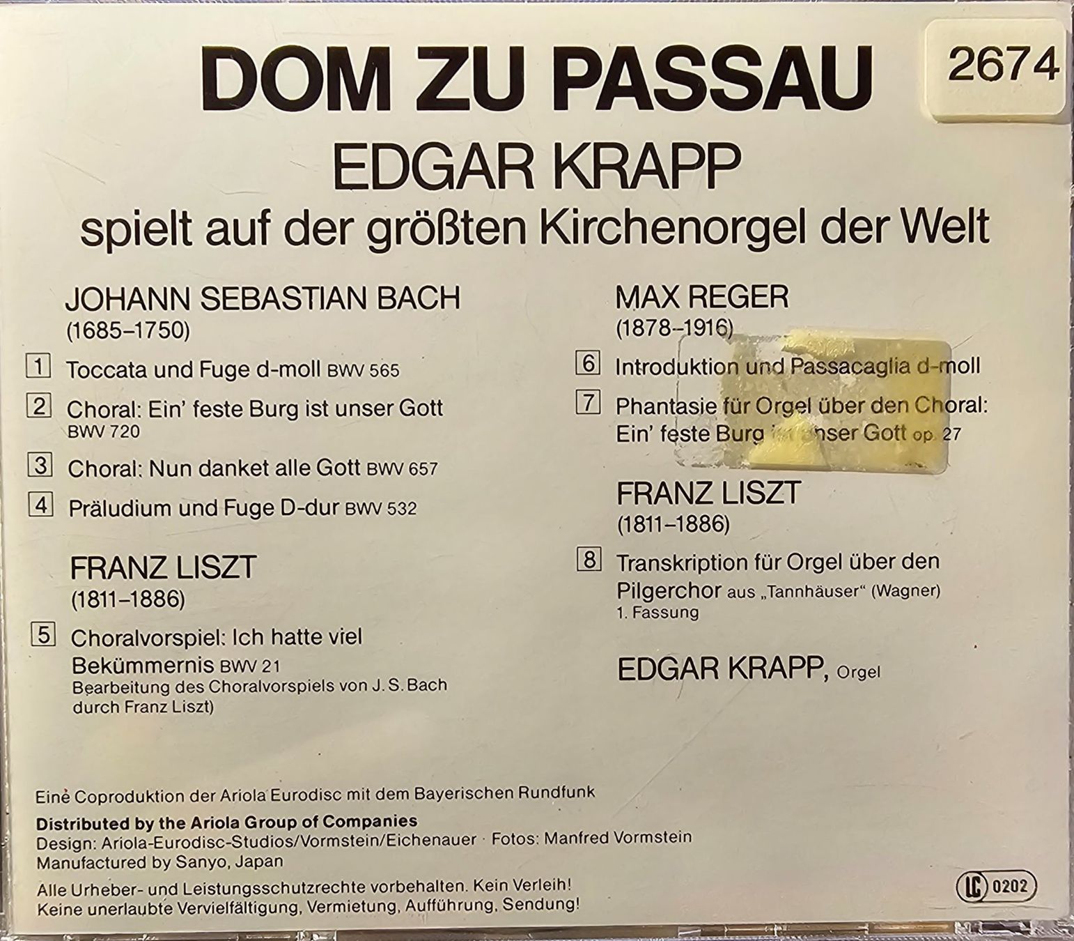 CDs: Edgar Krapp - Dom Zu Passau – Gebraucht aus Wahlen b. Laufen von Cg10 2