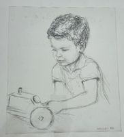 Heini Waser, Zeichnung, 1986, Portrait, Knabe mit Traktor