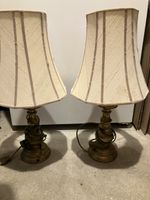 Table lamps pair vintage brass base striped shades
