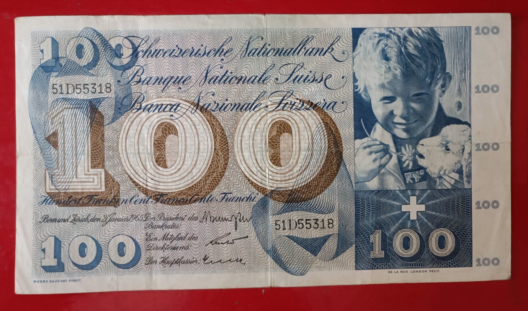 Banconote: Alte 100.- Fr. CH Note TYP ST. Martin  02.01 .1965 gebraucht – Usato da Glis venduto da MYS-Wallis2020