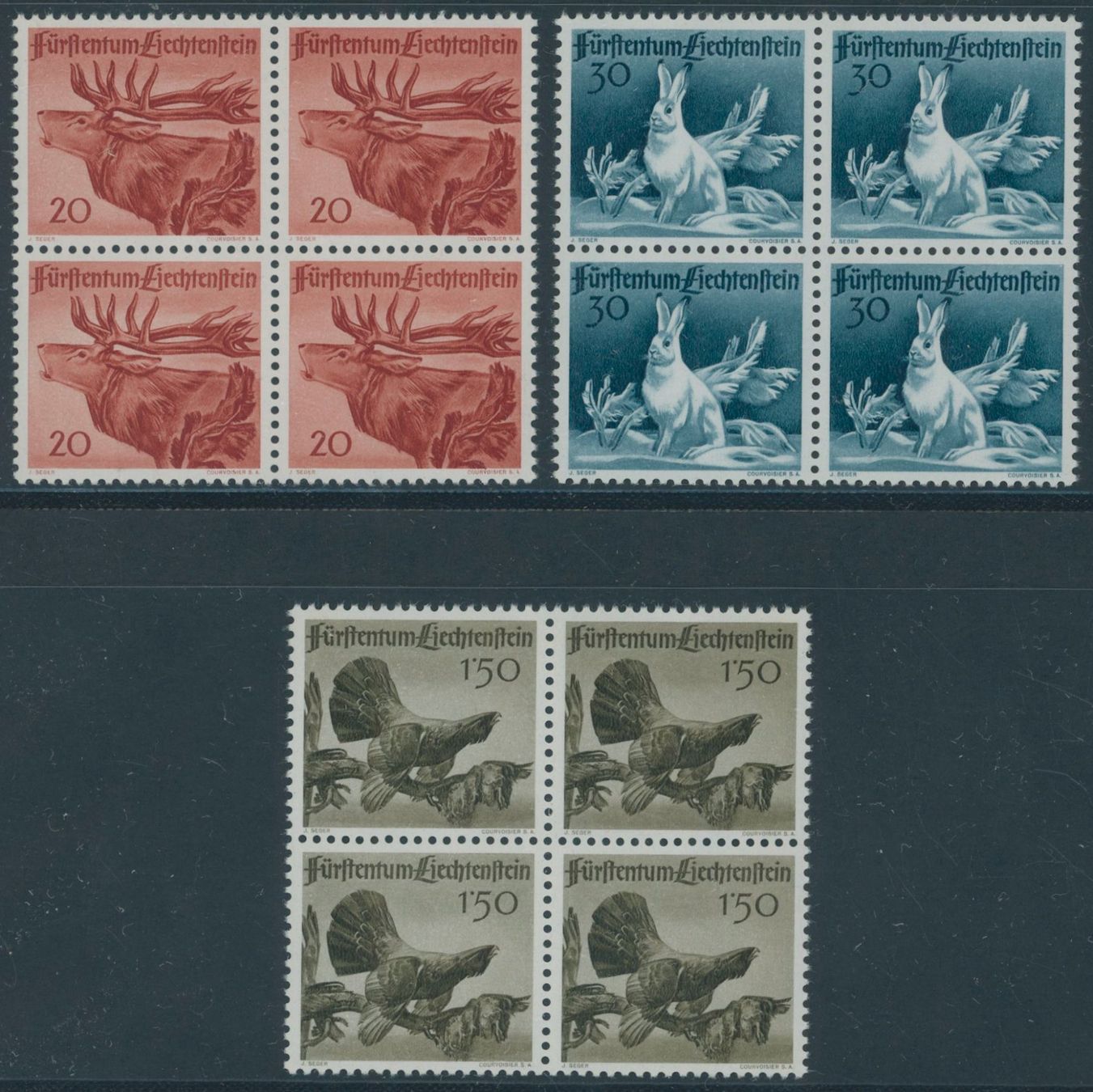 Tous les timbres: FL - 1946 - Jagd I - Viererblock - postfrisch ** – Neuf (Voir description) à Schindellegi par leecollect
