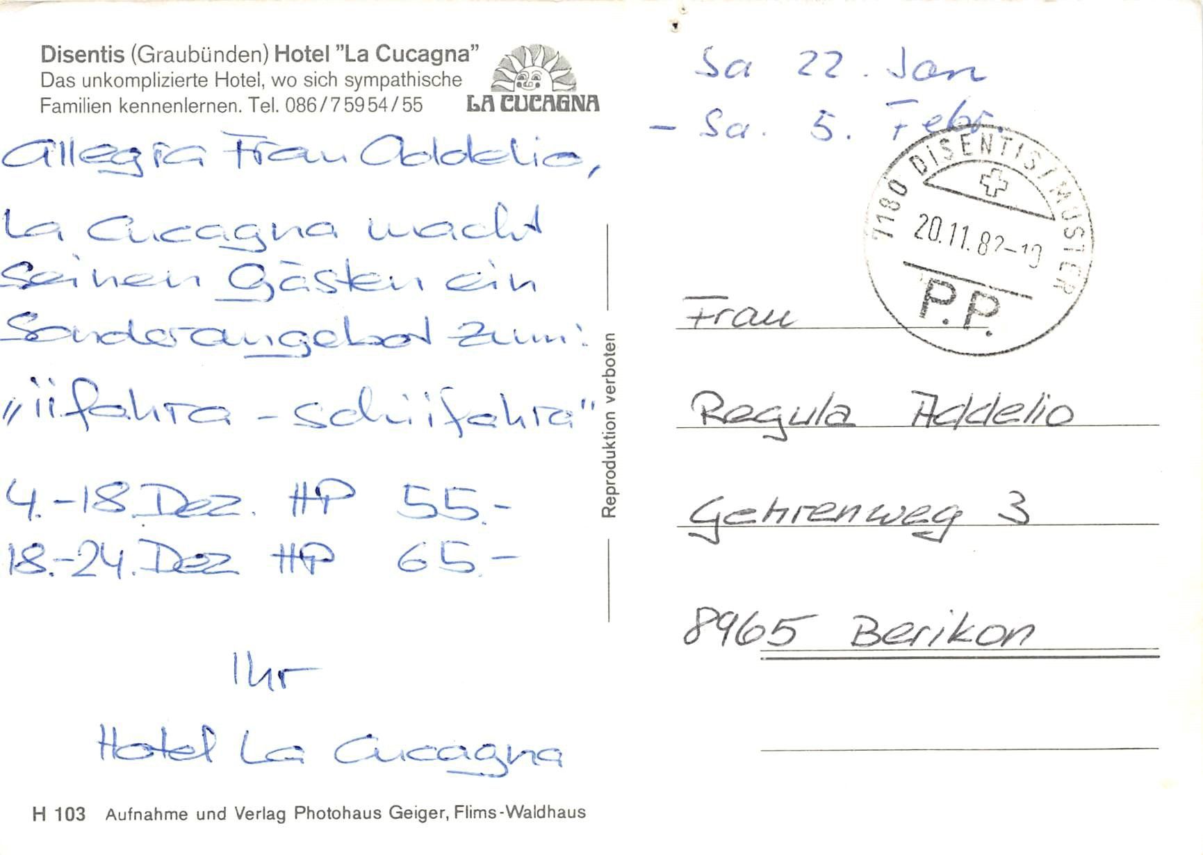 Cartoline postali: Disentis, Hotel La Cucagna – Usato da Ottikon b.Kemptth. venduto da Neptun1974 1