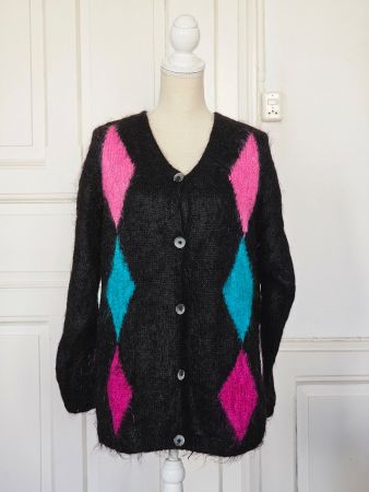 Vintage Strickjacke Schwarz Türkis Pink Wolle Gr. M