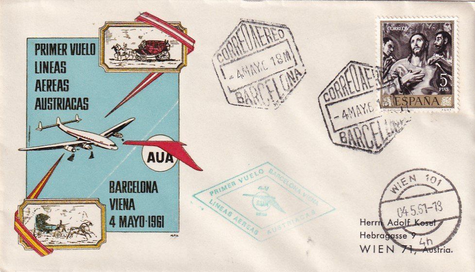 Tutti i francobolli: Erstflug AUA Barcelona - Wien 1961 – Usato da Baar venduto da Asmara111