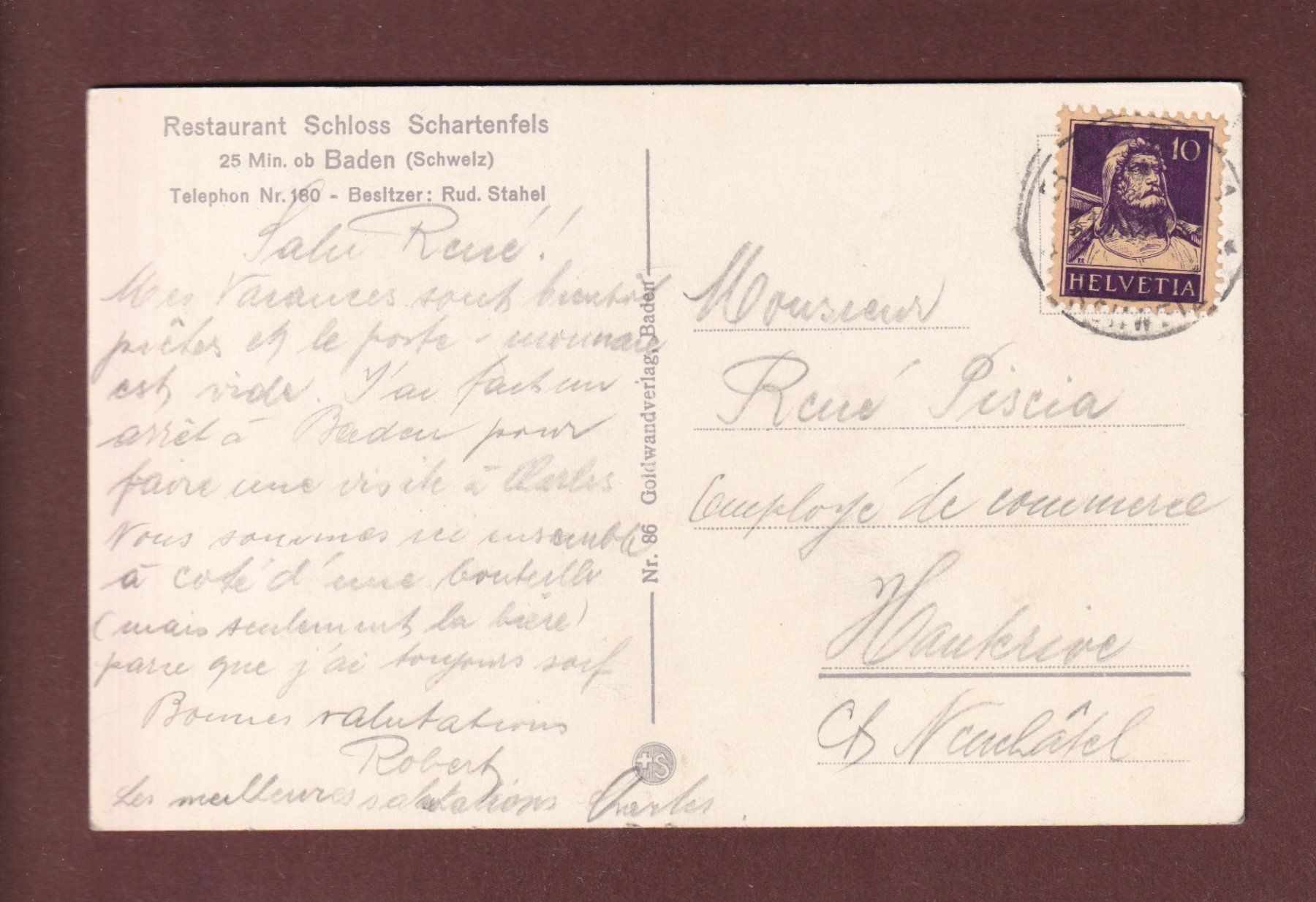 Ansichtskarten: BADEN - Schloss Schartenfels - 1930 – Gebraucht aus Pully von nicecards-shop 1