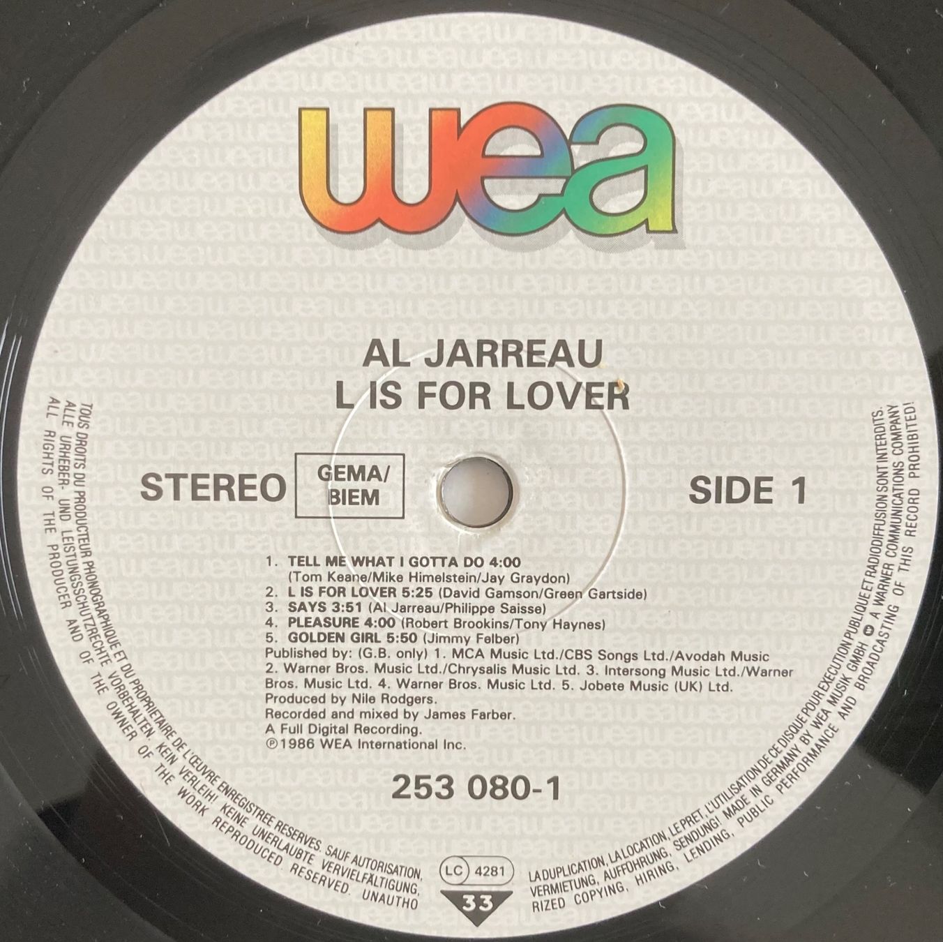Dischi in vinile: AL JARREAU - L IS FOR LOVER – Usato da Poliez-Pittet venduto da Newtown-Records 3