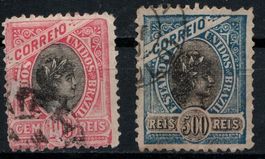 2 Timbres du Brésil  1905 100 Reis & 500 Reis oblitérés