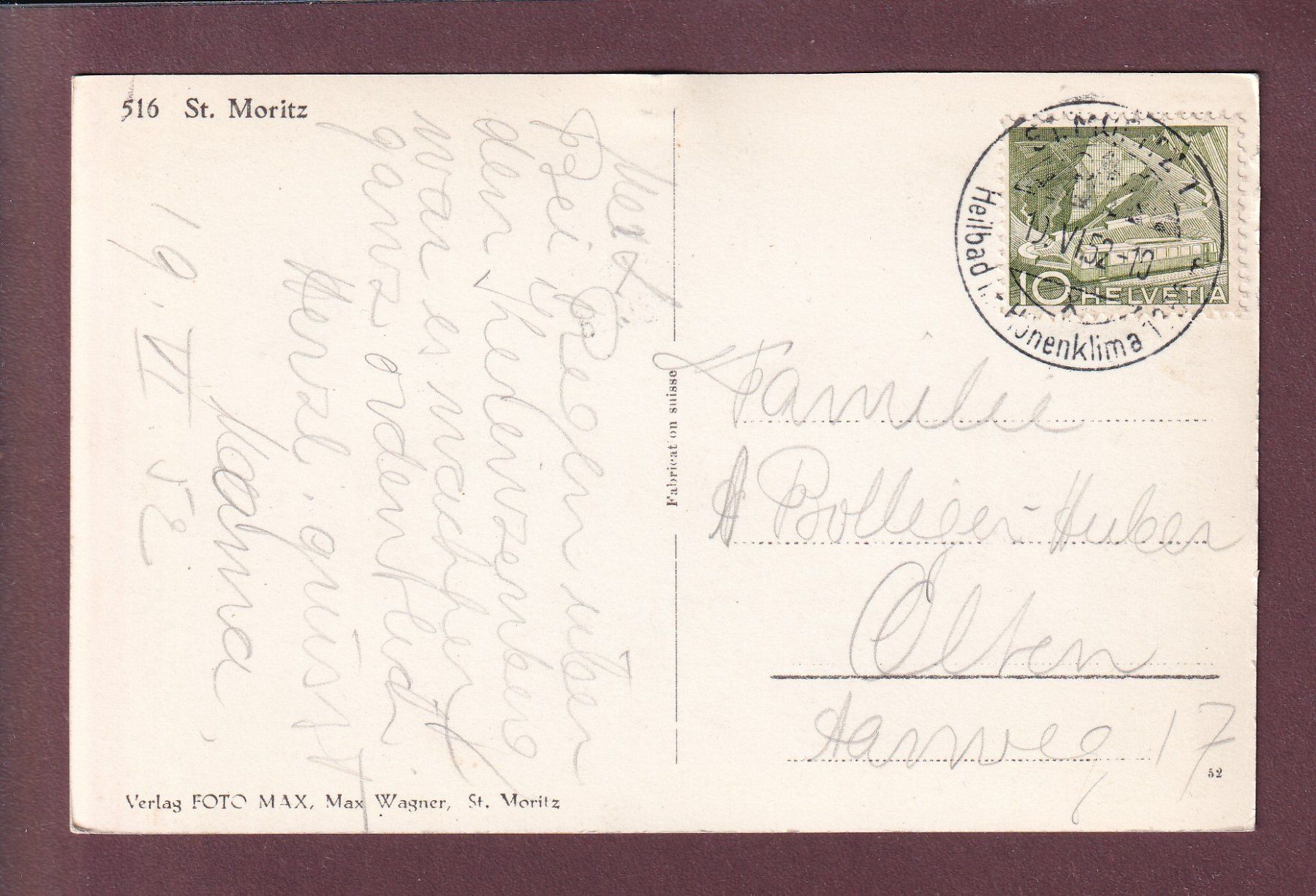 Cartoline postali: ST. MORITZ - 1952 – Usato da Pully venduto da nicecards 1